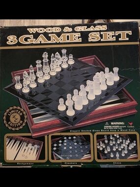 Cardinal Limited Edition Wood Glass Chess Checkers Backgammon Game Set of 3
